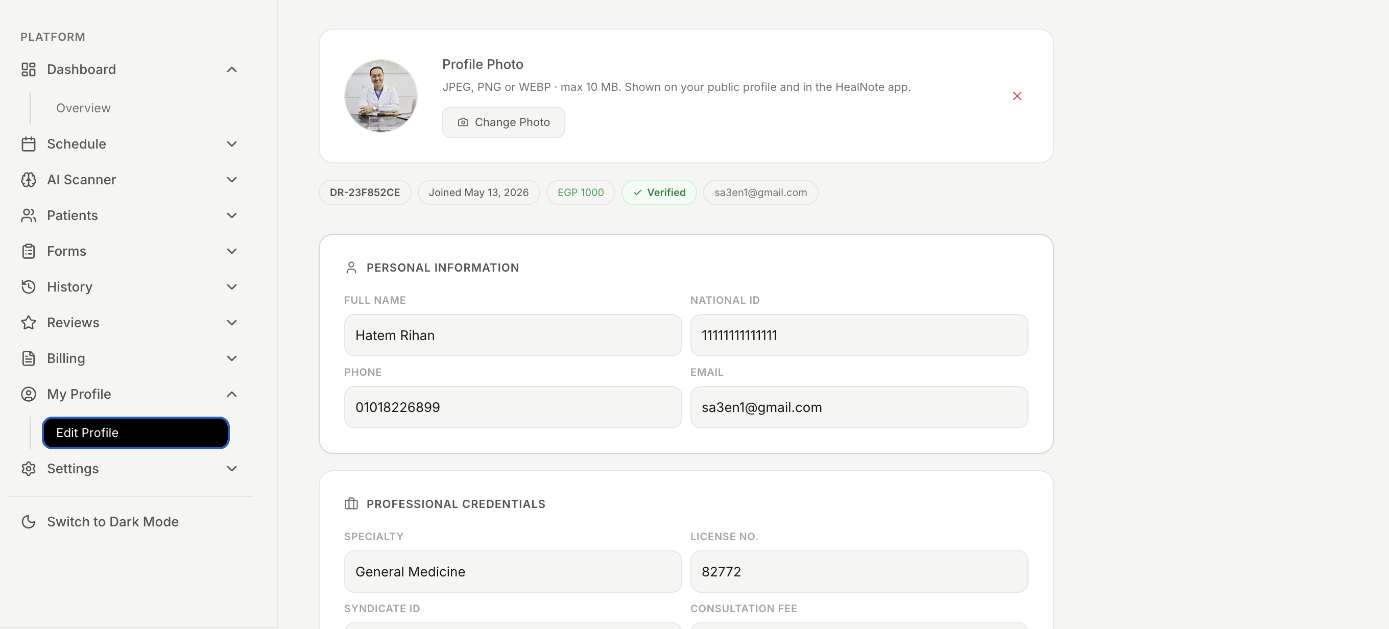 Doctor profile setup